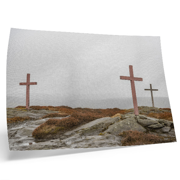 Stijlvolle wandposter Drie houten kruisen, mistige heuvel, natuur