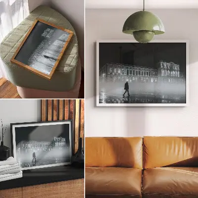 Moderne decoratieve poster nachtelijke stadsmist bij een monumentaal gebouw