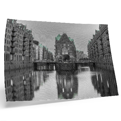 Stijlvolle wandposter Kanaal met industriële gebouwen, weerspiegelingen in het water