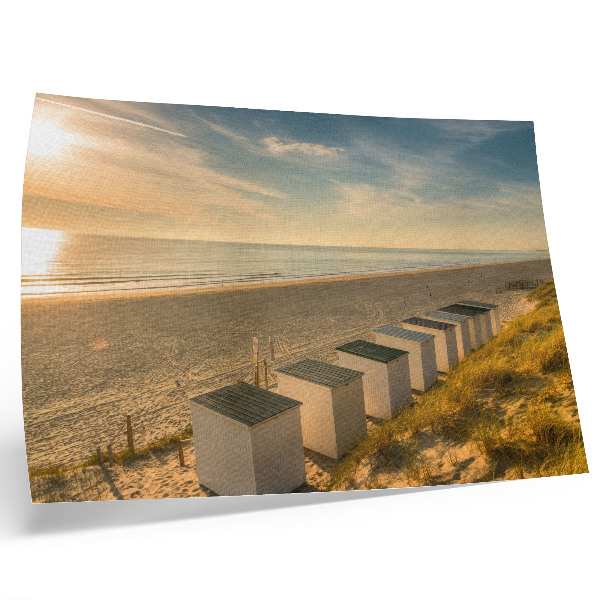 Moderne decoratieve poster Witte huizen met uitzicht op zee en zonsondergang