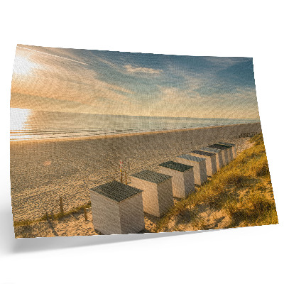 Moderne decoratieve poster Witte huizen met uitzicht op zee en zonsondergang