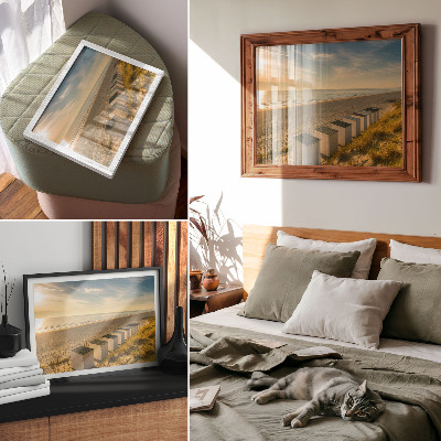 Moderne decoratieve poster Witte huizen met uitzicht op zee en zonsondergang