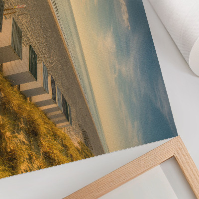 Moderne decoratieve poster Witte huizen met uitzicht op zee en zonsondergang