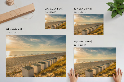 Moderne decoratieve poster Witte huizen met uitzicht op zee en zonsondergang