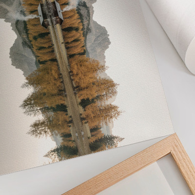 Poster Bergen, weerspiegeling, huisje, gouden bomen, kalm meer