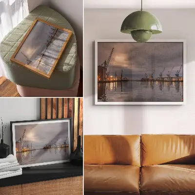 Moderne decoratieve poster havenkranen weerspiegeld in het water