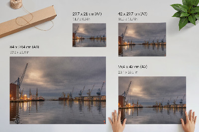 Moderne decoratieve poster Havenkranen in de atmosfeer weerspiegeld in het water