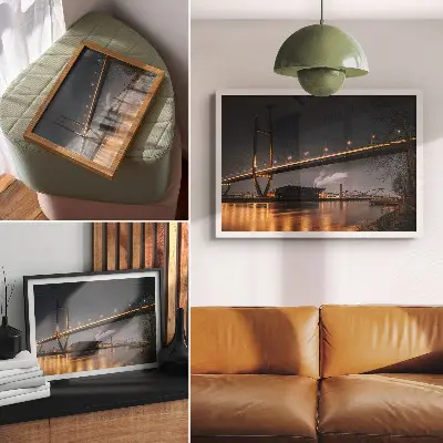 Stijlvolle wandposter met een brug in de nacht, moderne constructie en een vredige sfeer