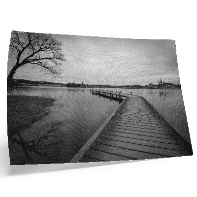 Poster Zwart-wit landschap, houten pier, rustig meer