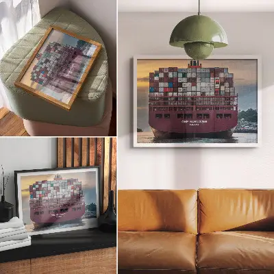 Stijlvolle wandposter met een kleurrijk containerschip op het water