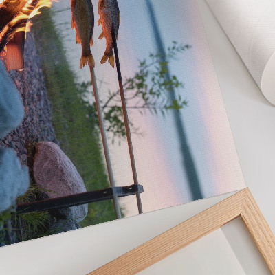 Poster Kampvuur bij het meer, vis aan stokjes, natuurlijk