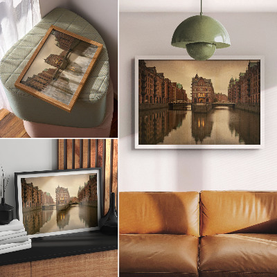Moderne decoratieve poster Historische gebouwen, kanalen, kalm water, bruggen