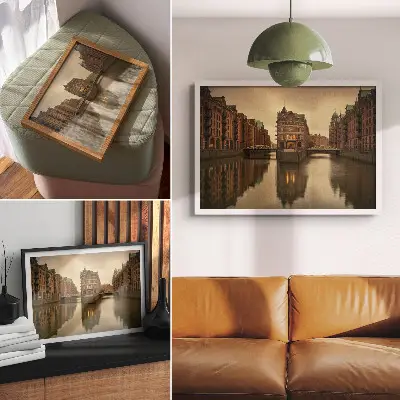 Moderne decoratieve poster met historische gebouwen aan kalm water met bruggen