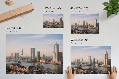 Moderne decoratieve poster Indrukwekkende wolkenkrabbers en een elegante brug over de rivier.