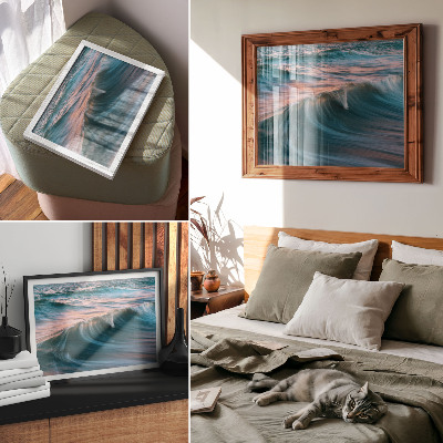 Moderne decoratieve poster Dynamische golven van turkooizen en blauwe zonsondergang