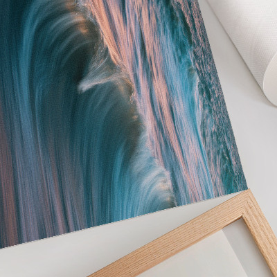 Moderne decoratieve poster Dynamische golven van turkooizen en blauwe zonsondergang