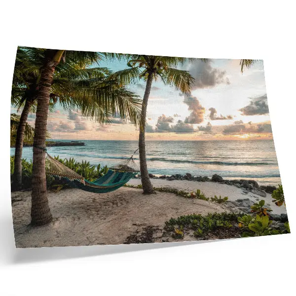 Decoratieve poster tropisch strand met palmbomen en hangmat als oase van ontspanning
