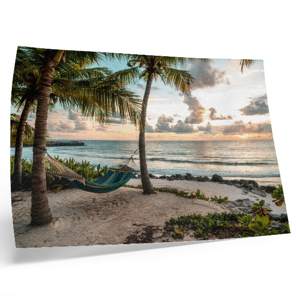 Moderne decoratieve poster Tropisch strand, palmbomen, hangmat, oase van ontspanning
