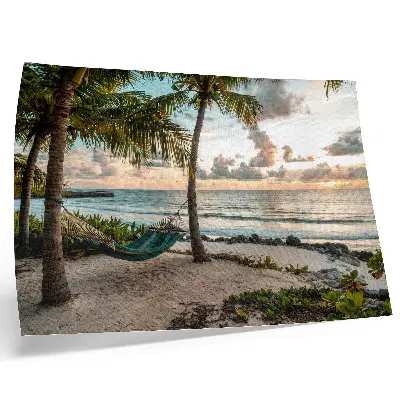 Decoratieve poster tropisch strand met palmbomen en hangmat als oase van ontspanning