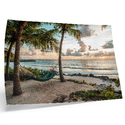 Moderne decoratieve poster Tropisch strand, palmbomen, hangmat, oase van ontspanning