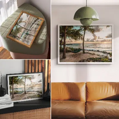 Decoratieve poster tropisch strand met palmbomen en hangmat als oase van ontspanning