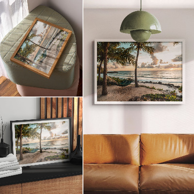 Moderne decoratieve poster Tropisch strand, palmbomen, hangmat, oase van ontspanning