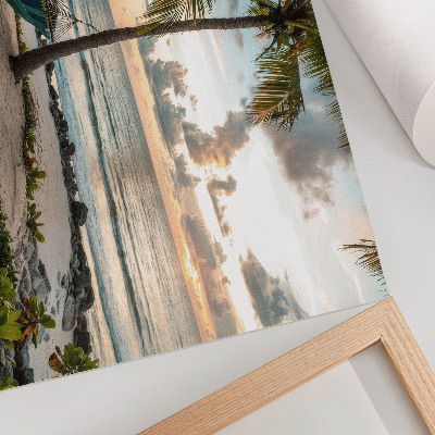 Moderne decoratieve poster Tropisch strand, palmbomen, hangmat, oase van ontspanning