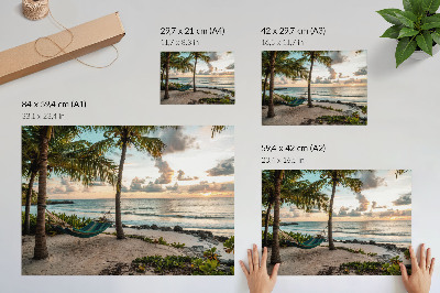 Moderne decoratieve poster Tropisch strand, palmbomen, hangmat, oase van ontspanning