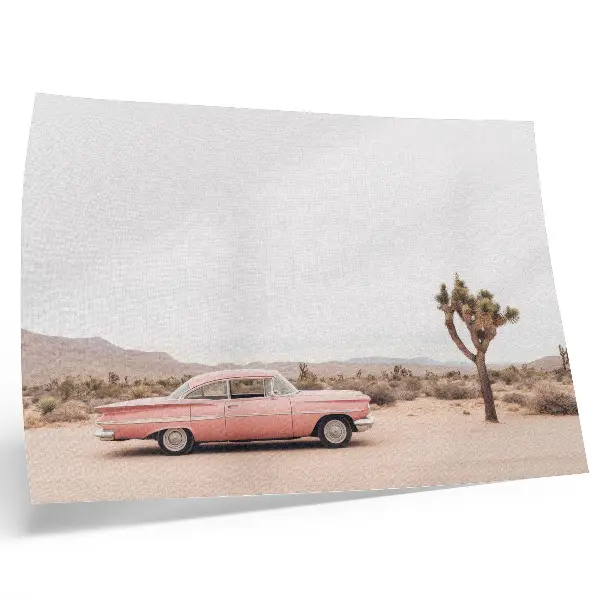 Poster met een oldtimer in de woestijn naast een eenzame boom