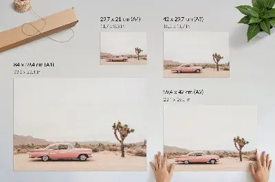 Poster met een oldtimer in de woestijn naast een eenzame boom