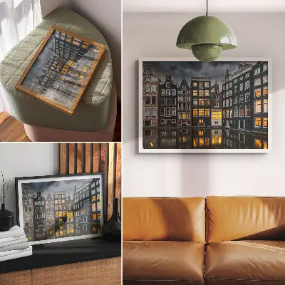 Moderne decoratieve poster huurwoningen aan het kanaal met een gezellige sfeer die uitnodigt tot bezinning