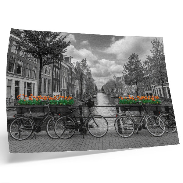 Poster Een charmant uitzicht op het kanaal, fietsen, tulpen, zwart en oranje.