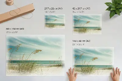 Wandposter met strandgras bij de oceaan onder een rustgevende lucht