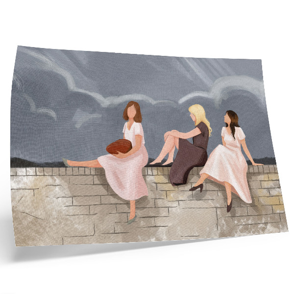 Moderne decoratieve poster Drie vrouwen op de muur, felgekleurde jurken, een wijde hemel