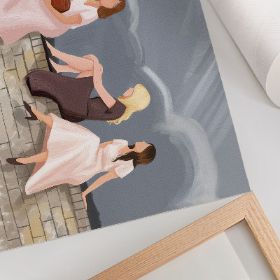 Moderne decoratieve poster Drie vrouwen op de muur, felgekleurde jurken, een wijde hemel