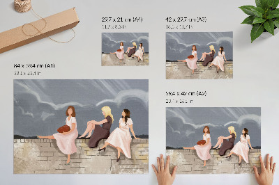 Moderne decoratieve poster Drie vrouwen op de muur, felgekleurde jurken, een wijde hemel