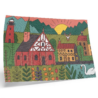Poster Kleurrijke huizen, bergen, herten, zwanen, groen landschap