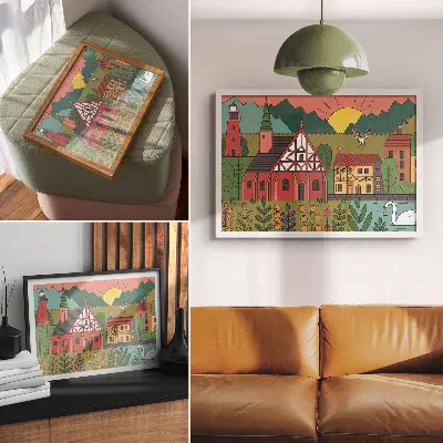 Poster met kleurrijke huizen, bergen, herten en zwanen in een groen landschap