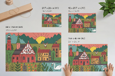 Poster Kleurrijke huizen, bergen, herten, zwanen, groen landschap