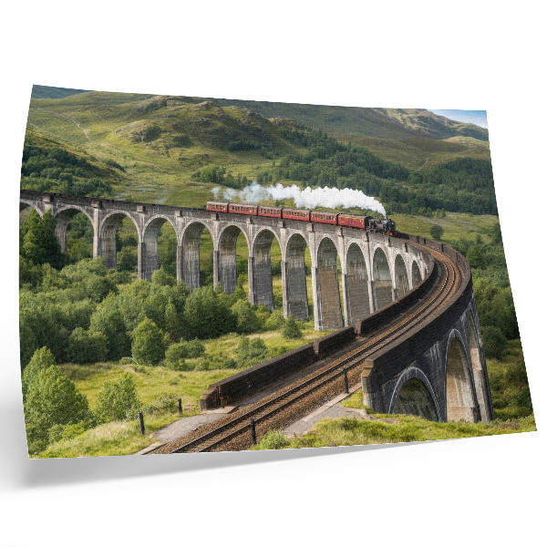 Moderne decoratieve poster Een viaduct met een trein tussen groene heuvels.