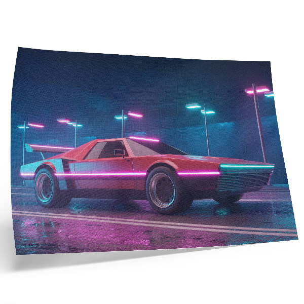 Stijlvolle wandposter Retro auto in een stedelijke omgeving met neonverlichting