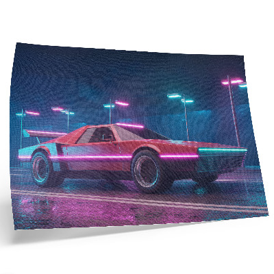 Stijlvolle wandposter Retro auto in een stedelijke omgeving met neonverlichting