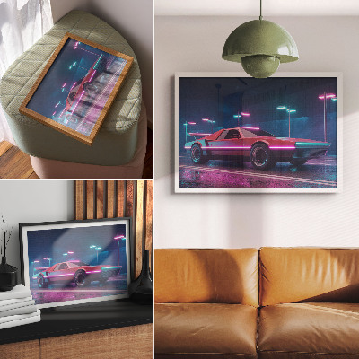 Stijlvolle wandposter Retro auto in een stedelijke omgeving met neonverlichting