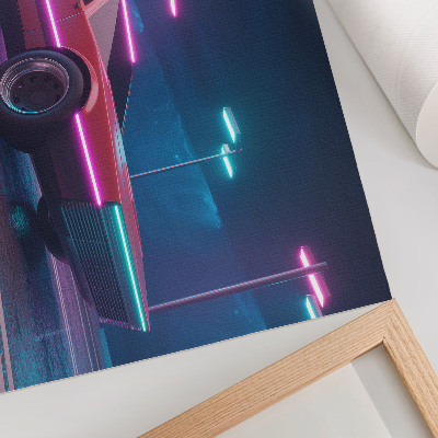 Stijlvolle wandposter Retro auto in een stedelijke omgeving met neonverlichting