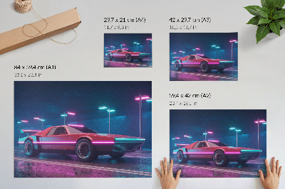 Stijlvolle wandposter Retro auto in een stedelijke omgeving met neonverlichting