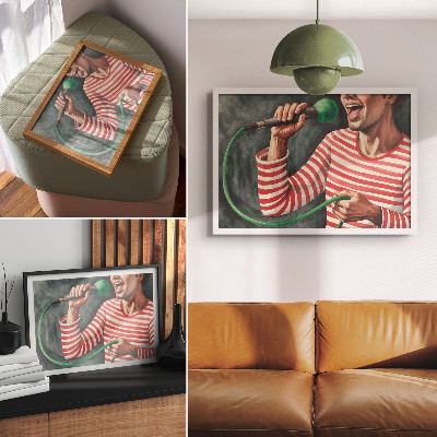 Moderne decoratieve poster Rood gestreept shirt, groene microfoon