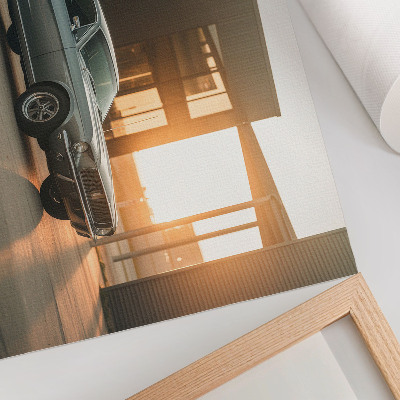 Stijlvolle wandposter Een klassieke auto met een architectonische achtergrond.