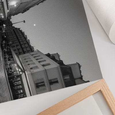 Moderne decoratieve poster Zwart-witte gebouwen, cafés, nachtelijke elegantie