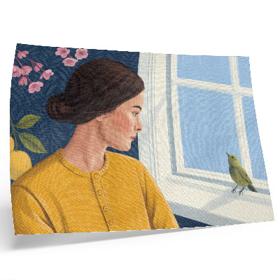 Stijlvolle wandposter Vrouw in een geel shirt met een vogel op de vensterbank.