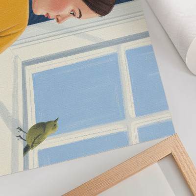 Stijlvolle wandposter Vrouw in een geel shirt met een vogel op de vensterbank.